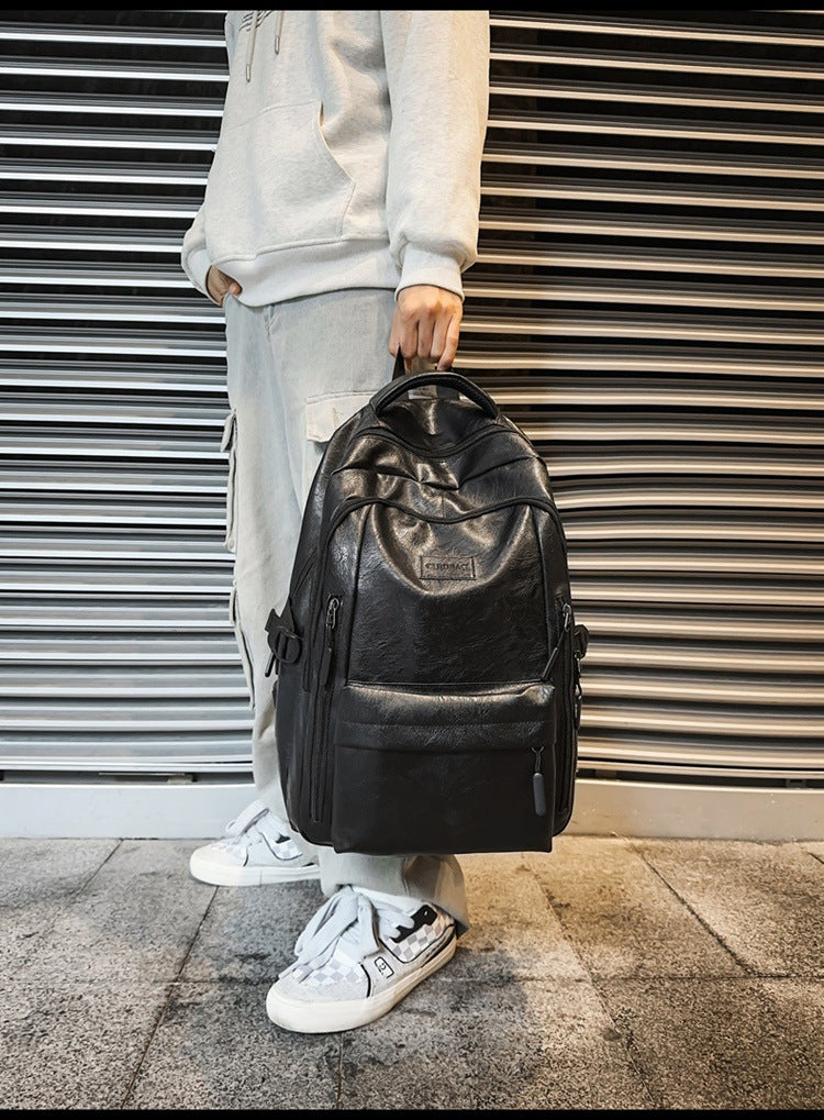 New soft leather retro men's and women's shoulder bag high school students college students large capacity schoolbag trendy cool all-match backpack wholesale