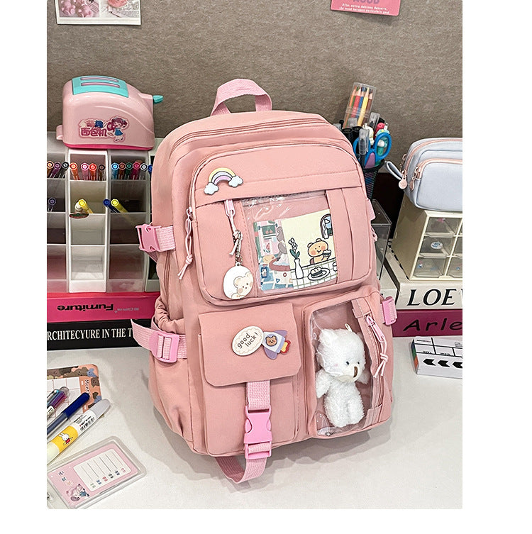 Korean Style Fresh and Cute Junior High School Backpack Women's Large Capacity Casual Schoolbag for Primary School Students Lightweight Storage Campus Backpack