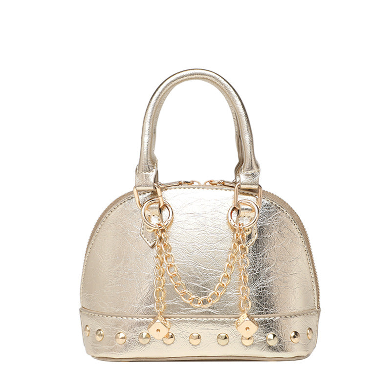 2026 High-End Niche Design Champagne Gold Rivet Handbag Shell-Shaped Small Bag Fashionable Shoulder Crossbody Pillow Bag