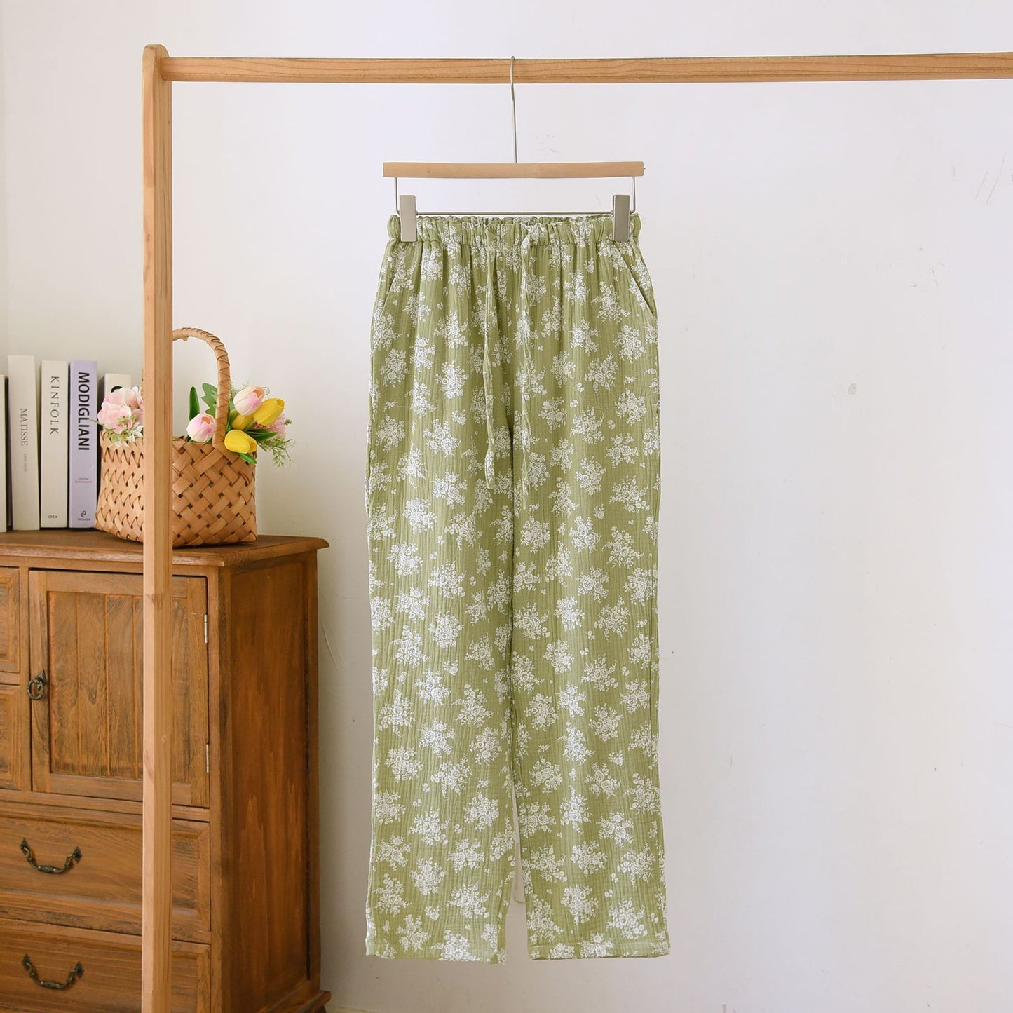 Spring and Autumn New Double-layer Cotton Yarn Home Pants Simple Atmospheric Crepe Trousers for Outer Wearing Four Seasons Thin Breathable