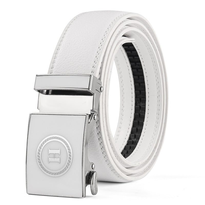Belt Men's Genuine Leather White Automatic Buckle Belt Letter Trendy Personalized Trouser Belt Korean Version Dropshipping Factory Direct Sales