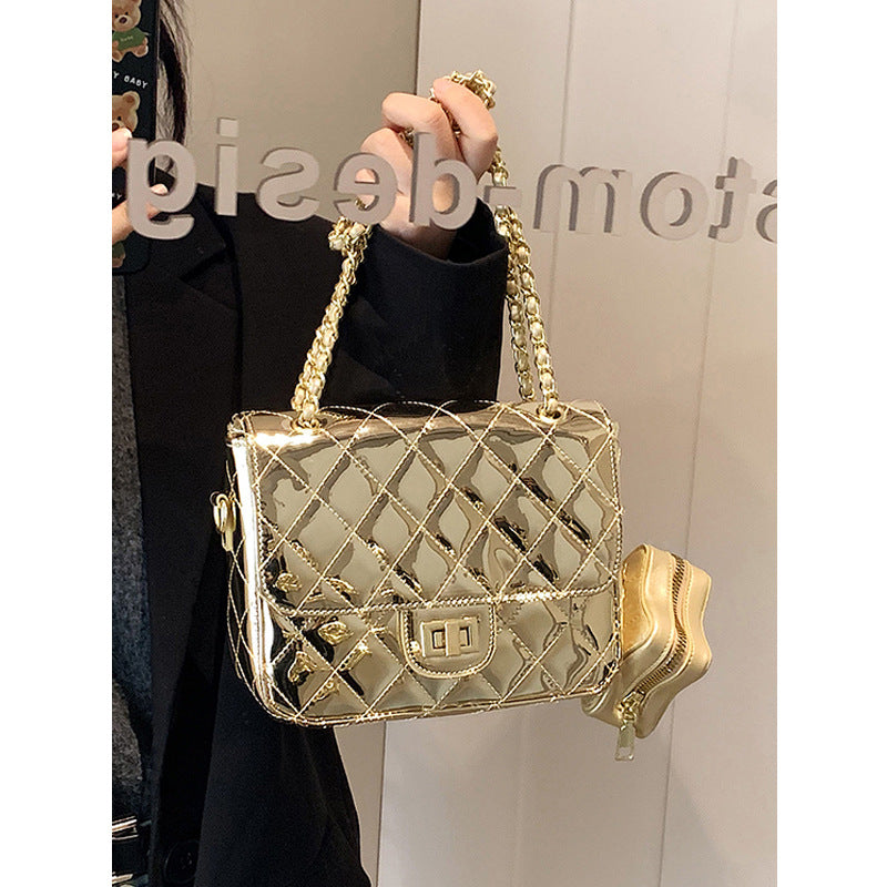 Tweed Style Patent Leather Quilted Star Backpack for Women 2024 New Silver Backpack High-End Genuine Leather Chain School Bag