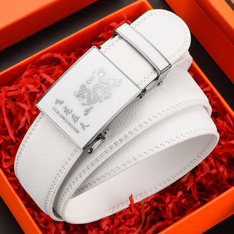 Belt Men's Genuine Leather White Automatic Buckle Belt Letter Trendy Personalized Trouser Belt Korean Version Dropshipping Factory Direct Sales