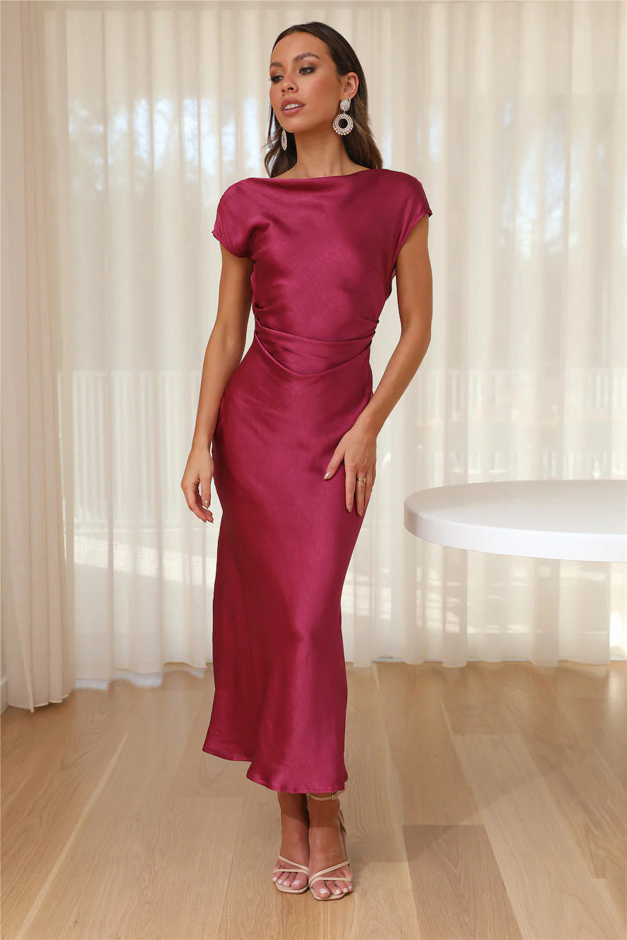 European and American Cross-Border Women's Clothing New Solid Color High-End Satin Slim One-Shoulder Sexy Backless Fishtail Dress