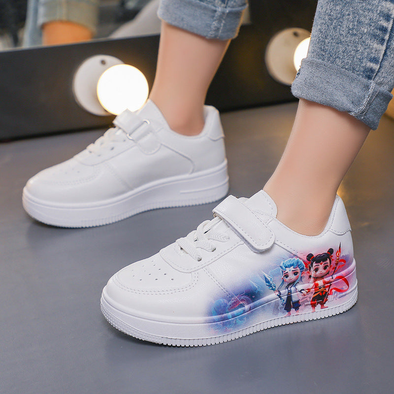 White Sneakers Nezha Ao Bing Children's Shoes Soft Sole Versatile Casual Sports Shoes with Buckle Student Shoes Running Shoes for Young Children