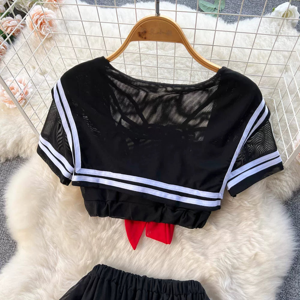 CHILLGIO-Conjunto de pijama con falda de malla transparente para mujer, ropa de dormir, lencería erótica de moda, estilo Preppy japonés