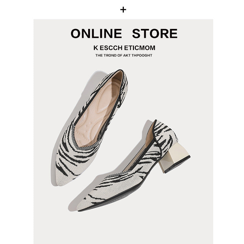 Japanese Princess Shoes Thick Heel 2022 New Pointed Shallow Mouth Single-layer Shoes Middle Heel Knitted Korean Style Women's High Heels
