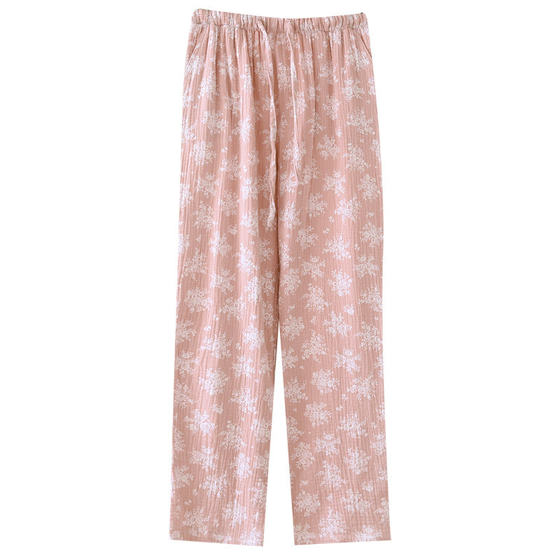 Spring and Autumn New Double-layer Cotton Yarn Home Pants Simple Atmospheric Crepe Trousers for Outer Wearing Four Seasons Thin Breathable