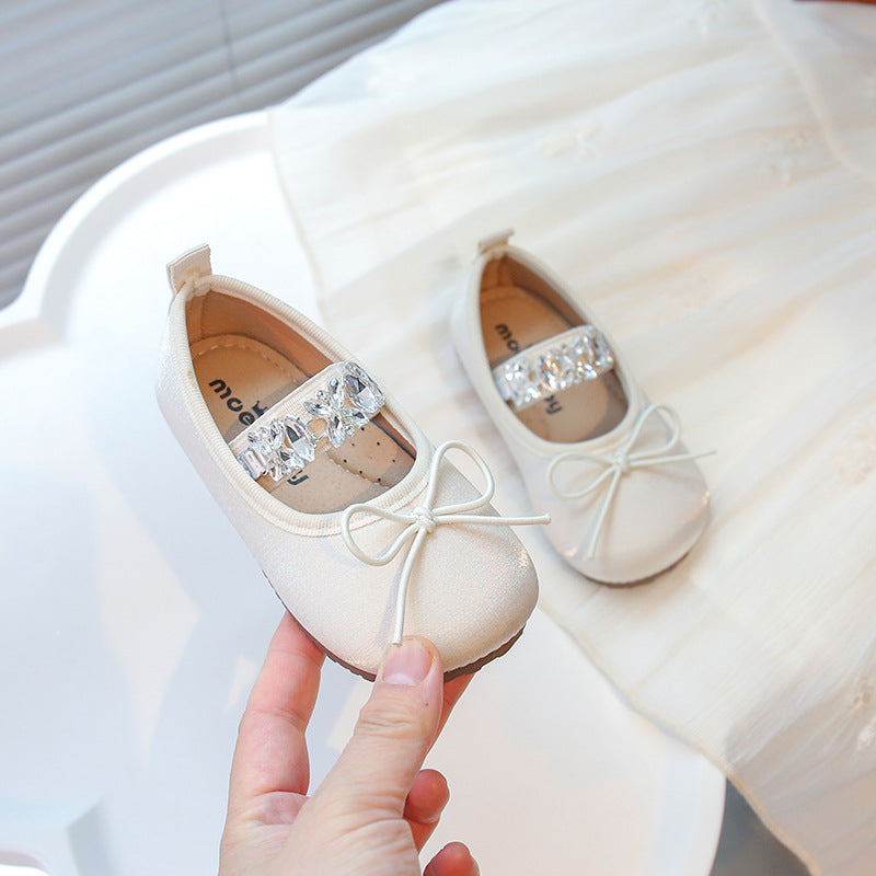 Girls Dance Shoes 2025 Spring and Summer New Large Rhinestone Shiny Princess Shoes Children Cute Bow Single Shoes