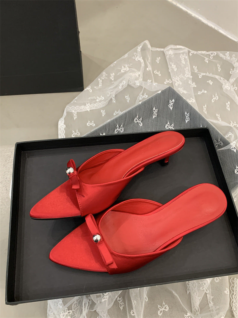 Retro and Playful~Romantic French Polka Dot Cat Heel Bow Sandals for Women Low Heel Open Toe Satin Slippers