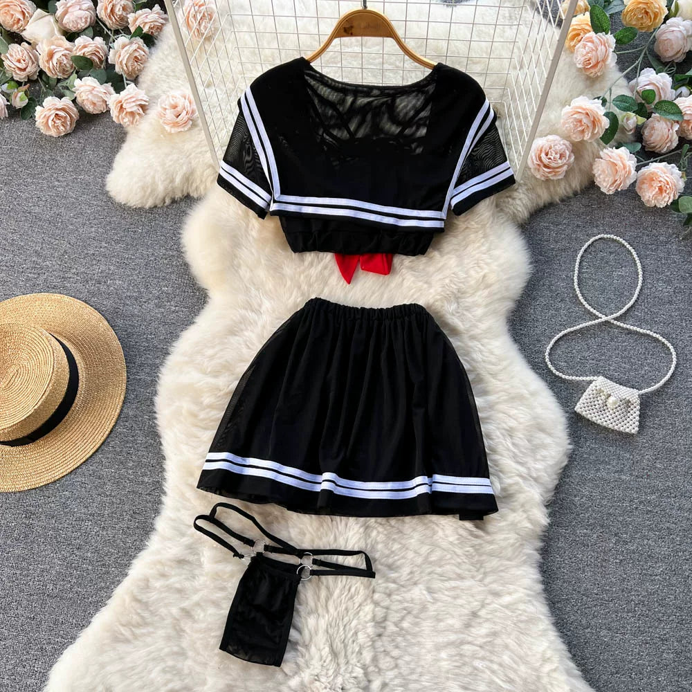 CHILLGIO-Conjunto de pijama con falda de malla transparente para mujer, ropa de dormir, lencería erótica de moda, estilo Preppy japonés