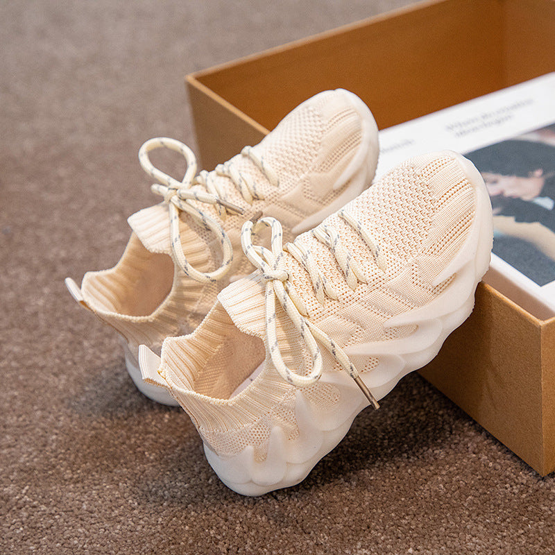 New Children's sneaker Flying Weaving Lace-up Running Shoes Jelly Soft Bottom Fashionable Octopus Men's and Women's Children's Shoes Foreign Trade