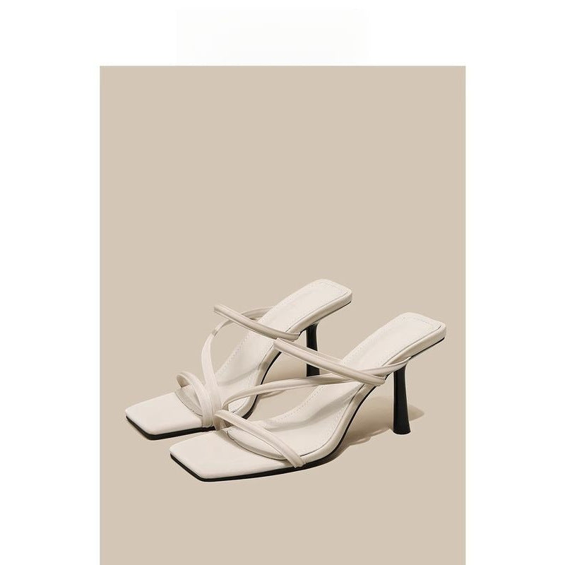French-Style White High-Heeled Shoes 2026 Summer New Model Thin-Heeled Fairy-Style One-Strap Sandals Versatile Square-Toe Mules