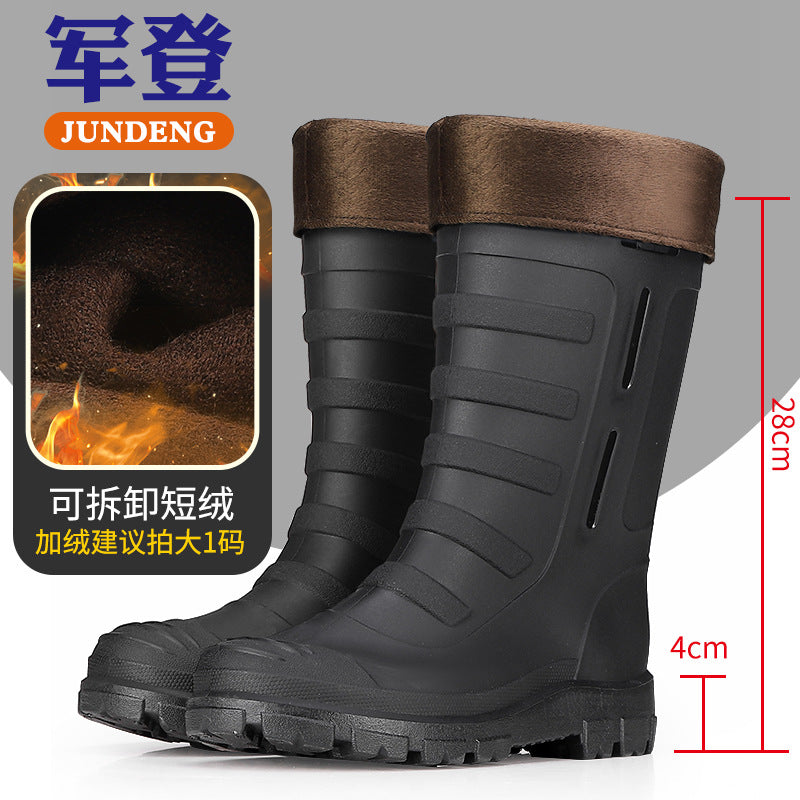 Mid-Calf Fashionable Rain Boots for Men, Thickened and Wear-Resistant Outdoor Waterproof Boots for Fishing, Non-Slip Water Shoes and Velvet Rain Boots