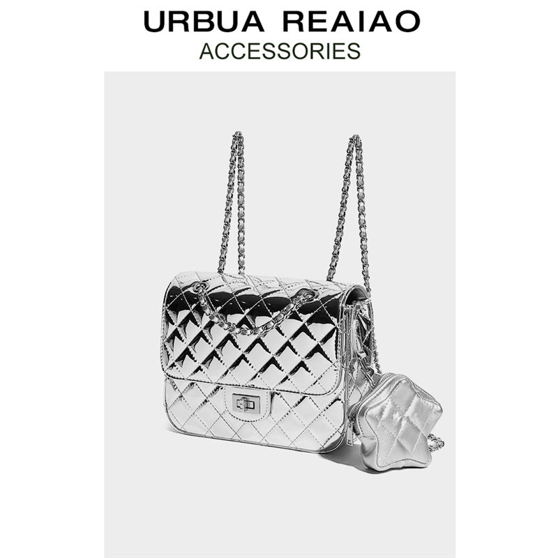 Tweed Style Patent Leather Quilted Star Backpack for Women 2024 New Silver Backpack High-End Genuine Leather Chain School Bag