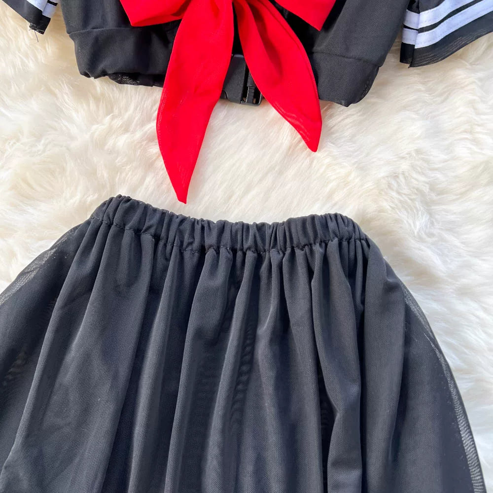 CHILLGIO-Conjunto de pijama con falda de malla transparente para mujer, ropa de dormir, lencería erótica de moda, estilo Preppy japonés