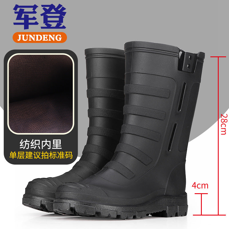 Mid-Calf Fashionable Rain Boots for Men, Thickened and Wear-Resistant Outdoor Waterproof Boots for Fishing, Non-Slip Water Shoes and Velvet Rain Boots