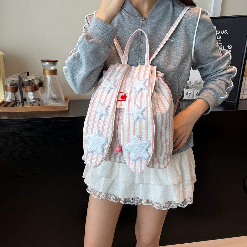 Rabbit Ears Striped Backpack New Fashion Cute Girl School Bag Going Out Simple Large Capacity Travel Bag