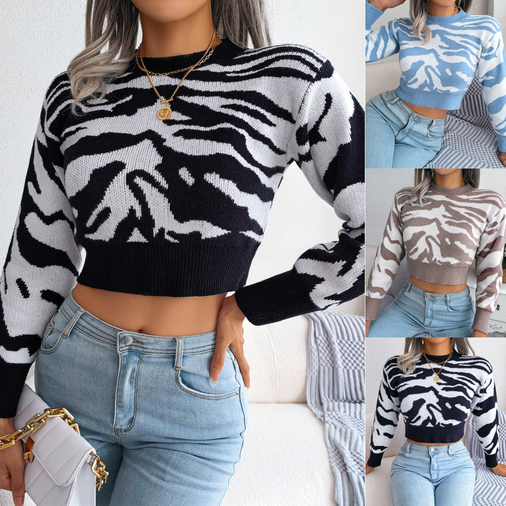 Clearance Sale: Autumn/Winter European and American Fashion Tiger Print Long Sleeve Cropped Knit Sweater - Amazon Cross-Border Women's Clothing