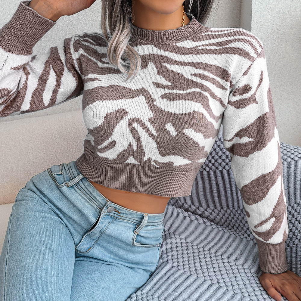 Clearance Sale: Autumn/Winter European and American Fashion Tiger Print Long Sleeve Cropped Knit Sweater - Amazon Cross-Border Women's Clothing