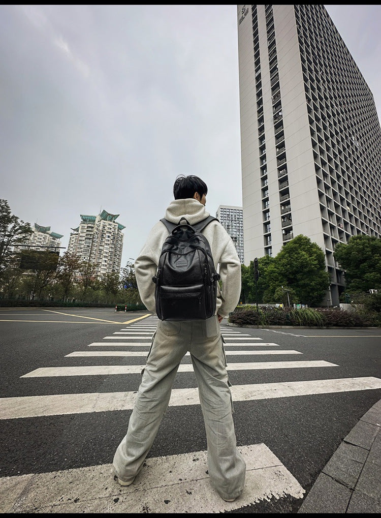 New soft leather retro men's and women's shoulder bag high school students college students large capacity schoolbag trendy cool all-match backpack wholesale