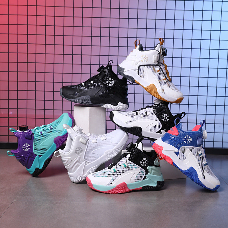 Children's Basketball Shoes, Boys' Shoes, Spring 2026 New Style Rotating Buckle Sports Shoes, Medium and Large Children's Non-Slip and Wear-Resistant Running Shoes