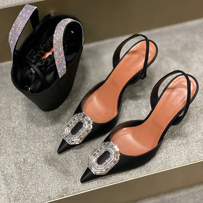 Oval Rhinestone Buckle Toe-Cap Sandals 2025 New Spring European and American Celebrity Pointed Toe Stiletto Heels Hollow Banquet High Heels