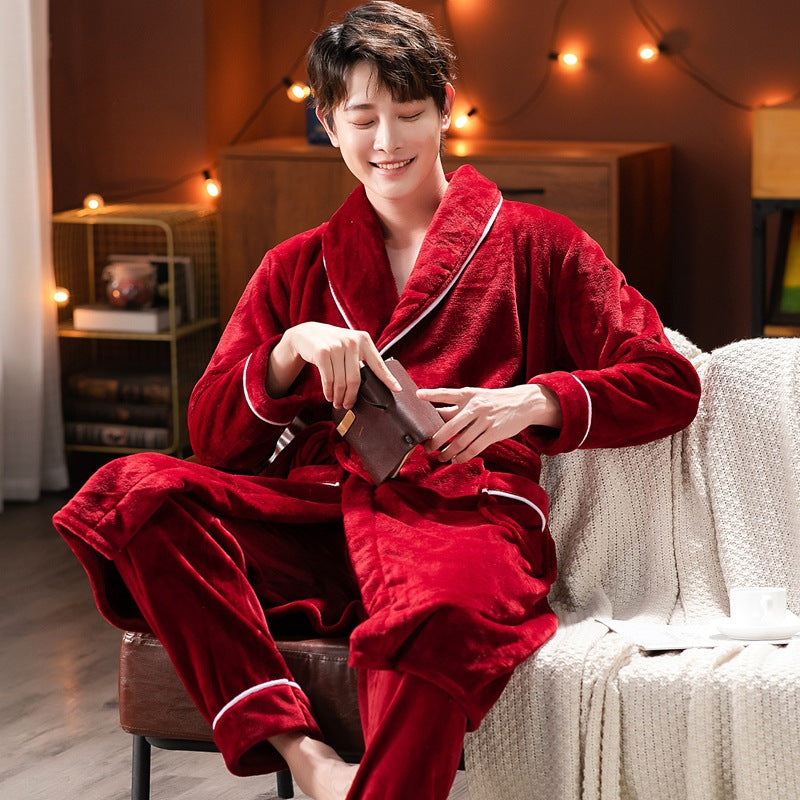 Couple's Pajamas, Autumn and Winter Pajamas Set, Flannel Bathrobe, Coral Velvet Home Clothes, Women's Simple and Casual