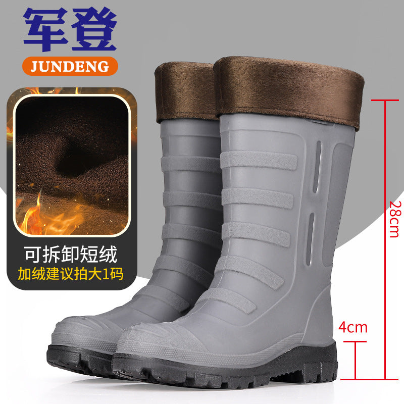 Mid-Calf Fashionable Rain Boots for Men, Thickened and Wear-Resistant Outdoor Waterproof Boots for Fishing, Non-Slip Water Shoes and Velvet Rain Boots