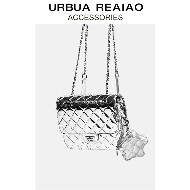 Tweed Style Patent Leather Quilted Star Backpack for Women 2024 New Silver Backpack High-End Genuine Leather Chain School Bag