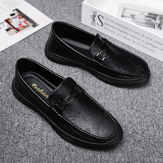 Labor Insurance Work Men's Shoes Summer Business Dress Casual Leather Shoes Men's Slip-on Lazy Soft Bottom Bean Shoes Black