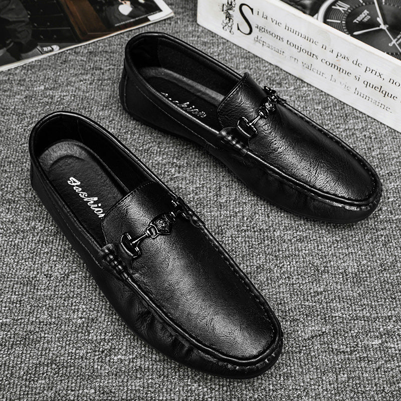 Labor Insurance Work Men's Shoes Summer Business Dress Casual Leather Shoes Men's Slip-on Lazy Soft Bottom Bean Shoes Black