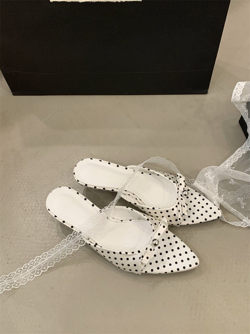 Retro and Playful~Romantic French Polka Dot Cat Heel Bow Sandals for Women Low Heel Open Toe Satin Slippers