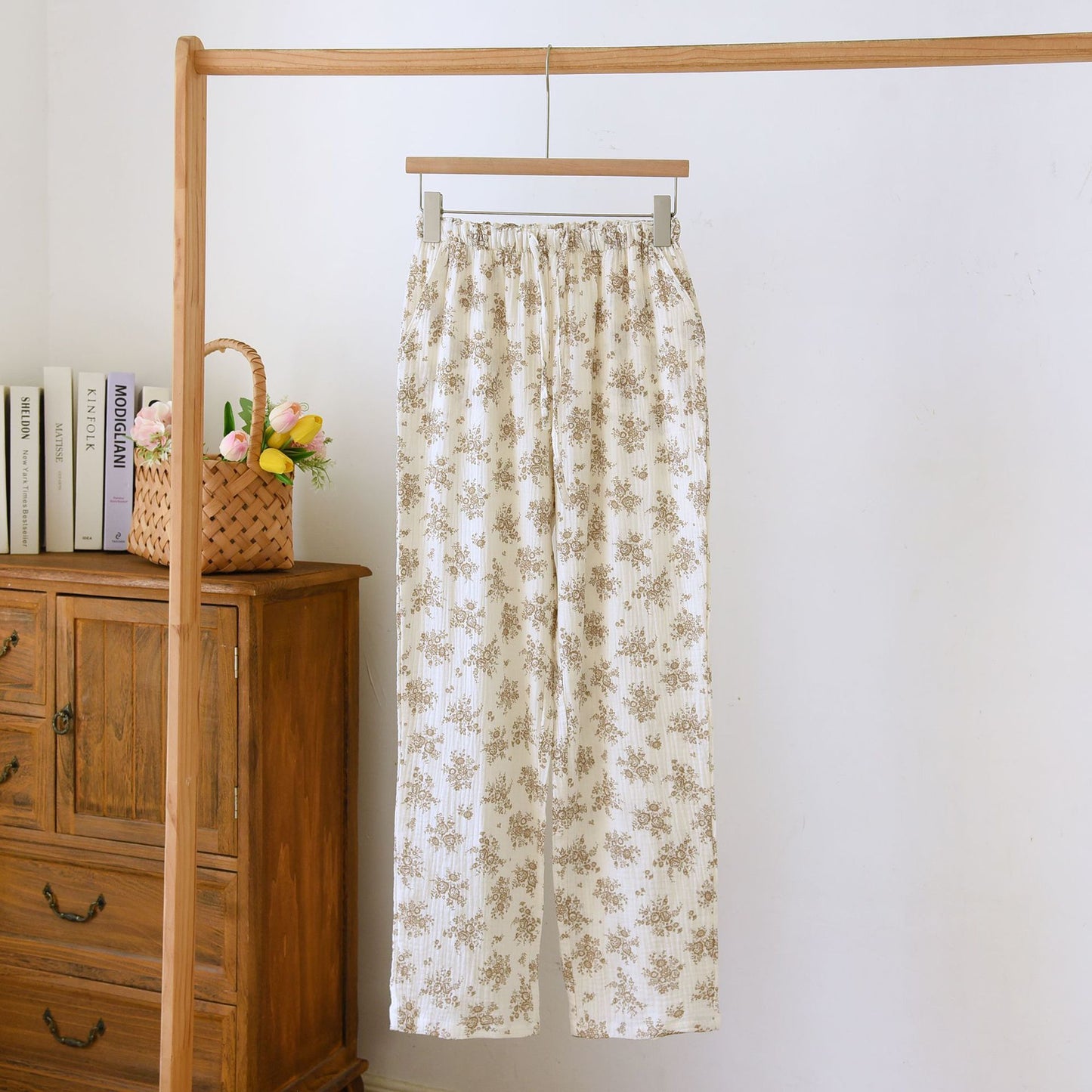 Spring and Autumn New Double-layer Cotton Yarn Home Pants Simple Atmospheric Crepe Trousers for Outer Wearing Four Seasons Thin Breathable