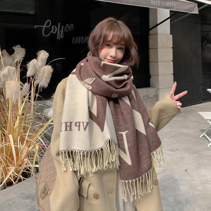 Scarf Women's Autumn and Winter Korean-style All-match Cashmere Cover Blanket Dual-purpose Shawl Thickened Warm Extra-large Scarf Fashionable