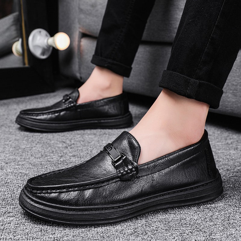Labor Insurance Work Men's Shoes Summer Business Dress Casual Leather Shoes Men's Slip-on Lazy Soft Bottom Bean Shoes Black