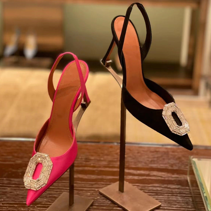 Oval Rhinestone Buckle Toe-Cap Sandals 2025 New Spring European and American Celebrity Pointed Toe Stiletto Heels Hollow Banquet High Heels