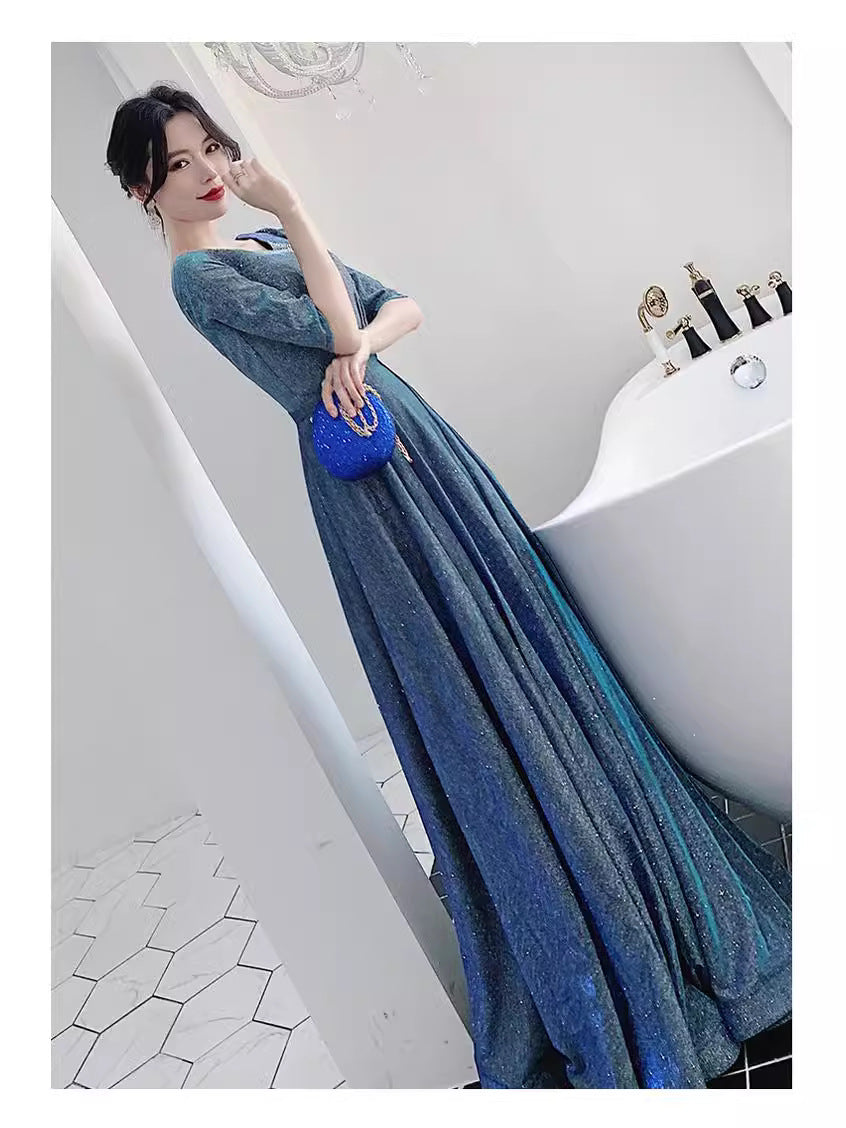 Starry Sky Evening Dress 2025 New Sparkling V Neck Splicing Mesh Host Banquet Chorus Conductor Dress Skirt