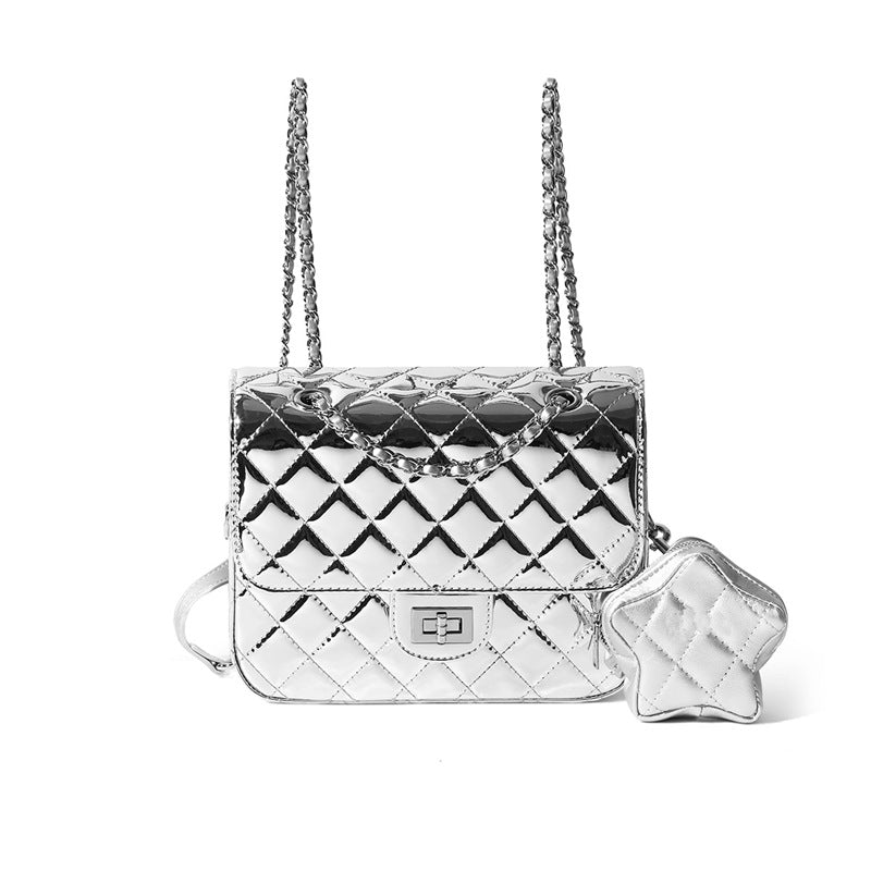 Tweed Style Patent Leather Quilted Star Backpack for Women 2024 New Silver Backpack High-End Genuine Leather Chain School Bag