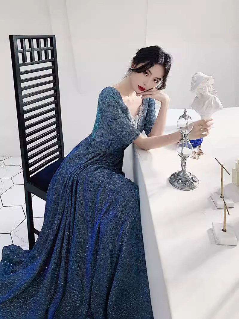 Starry Sky Evening Dress 2025 New Sparkling V Neck Splicing Mesh Host Banquet Chorus Conductor Dress Skirt