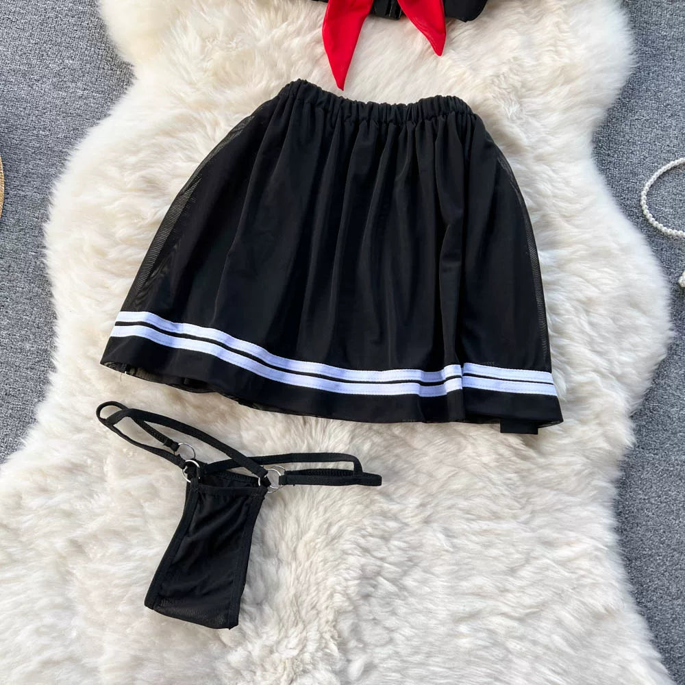 CHILLGIO-Conjunto de pijama con falda de malla transparente para mujer, ropa de dormir, lencería erótica de moda, estilo Preppy japonés