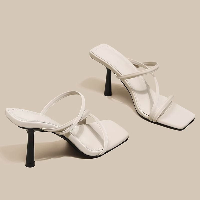 French-Style White High-Heeled Shoes 2026 Summer New Model Thin-Heeled Fairy-Style One-Strap Sandals Versatile Square-Toe Mules