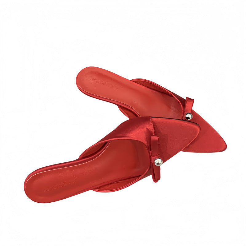 Retro and Playful~Romantic French Polka Dot Cat Heel Bow Sandals for Women Low Heel Open Toe Satin Slippers