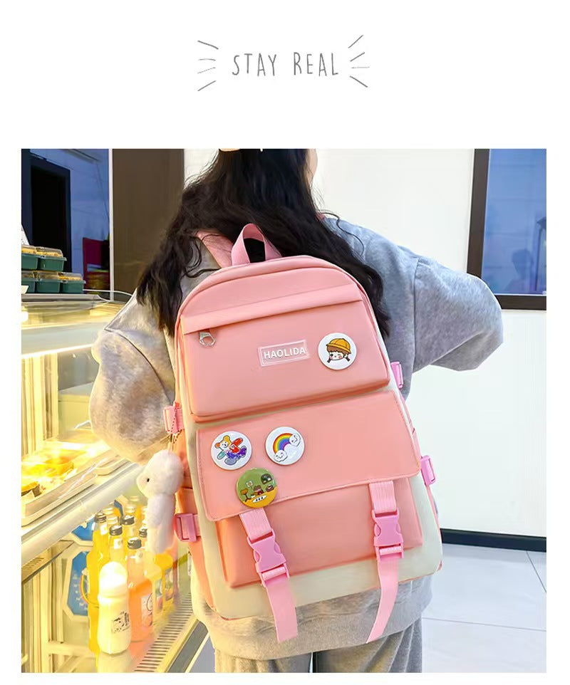 New School Bag Backpack Female Korean Version Canvas Large Capacity Five-Piece Set Middle School Student Backpack Student School Bag Female