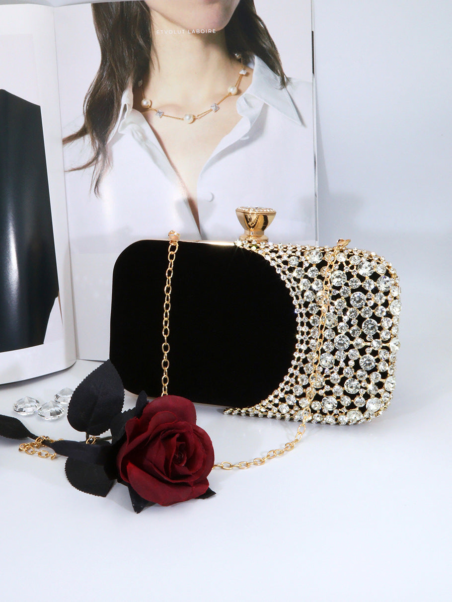 Cross-border New Velvet Banquet Bag High-end Box Bag Women's Evening Bag Diamond Buckle Dinner Clutch Bag Chain Cheongsam Bag