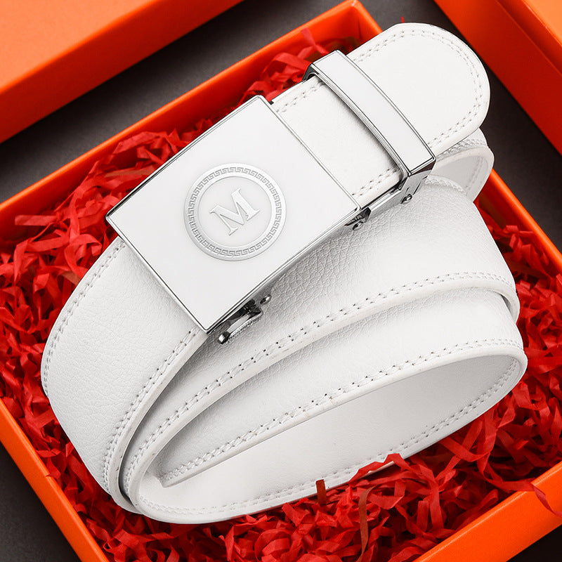 Belt Men's Genuine Leather White Automatic Buckle Belt Letter Trendy Personalized Trouser Belt Korean Version Dropshipping Factory Direct Sales