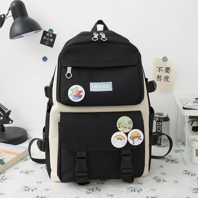 New School Bag Backpack Female Korean Version Canvas Large Capacity Five-Piece Set Middle School Student Backpack Student School Bag Female