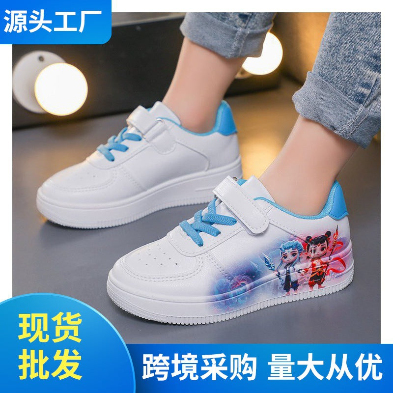 White Sneakers Nezha Ao Bing Children's Shoes Soft Sole Versatile Casual Sports Shoes with Buckle Student Shoes Running Shoes for Young Children