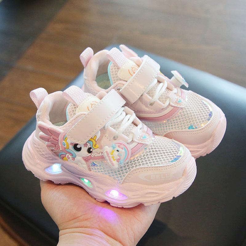 2025 spring and summer new wholesale girls running shoes with lights cartoon mesh fashion hook and loop sneaker for children