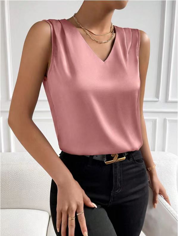2026 Amazon European and American Cross-Border Women's Clothing Satin Suit Sleeveless Elegant Commuter Vest Base Top
